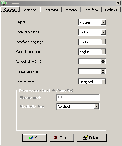ArtMoney settings, General tab