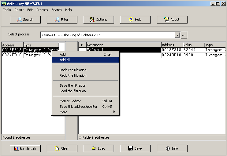 ArtMoney with a filtered address list and a table