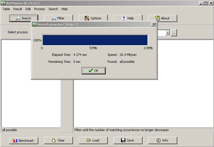 ArtMoney after a search, showing all possible addresses
